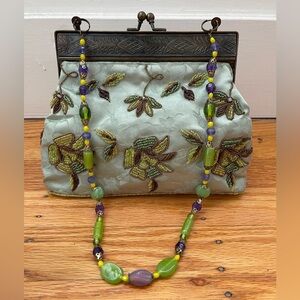 Handmade Embroidered Green and Purple Beaded Women's Bag